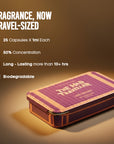 Travel-sized fragrance packaging with product details on a brown background