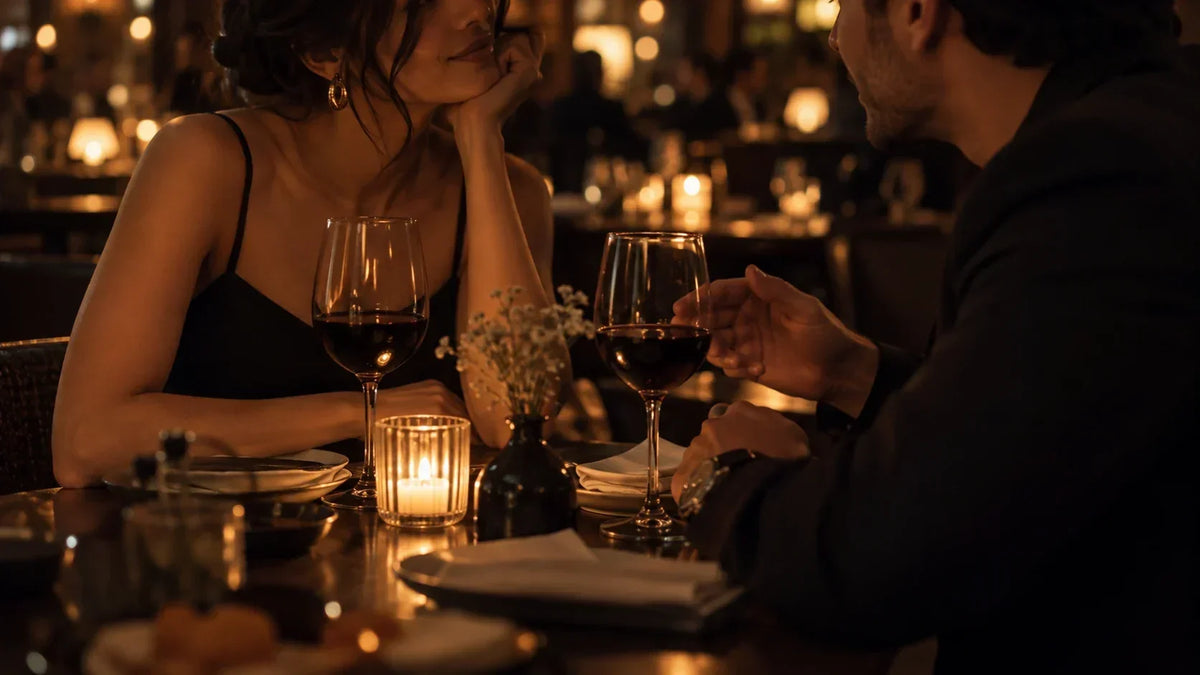 Couple sharing an intimate moment at a candlelit restaurant table on a date night
