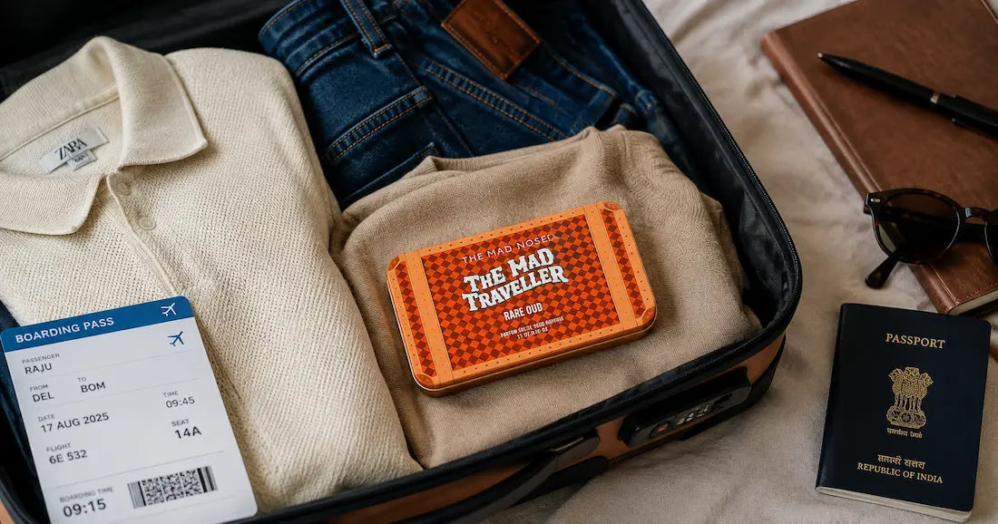 Pocket perfume capsules packed in an open suitcase beside folded clothes and a boarding pass