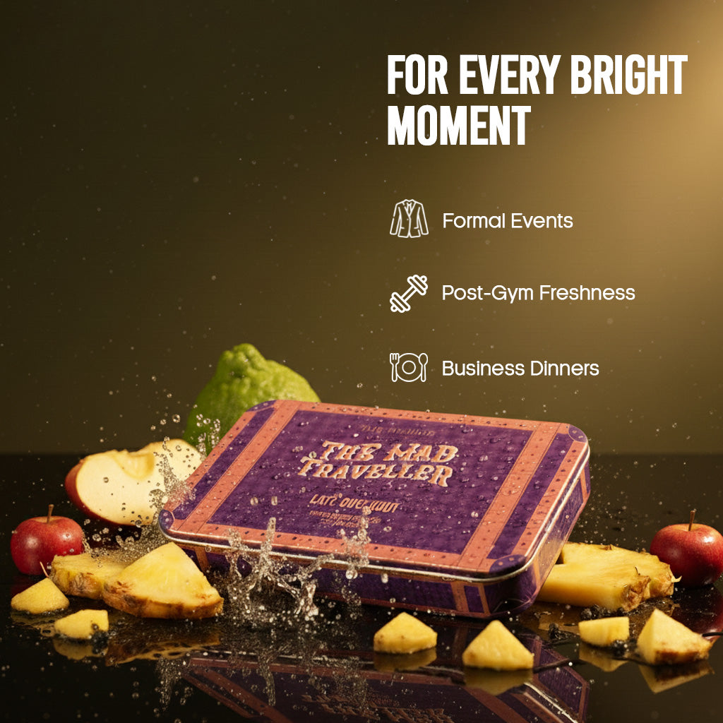 Tin labeled 'The Mad Traveller' surrounded by fruits with text 'For Every Bright Moment' and categories listed.