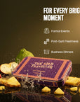 Tin labeled 'The Mad Traveller' surrounded by fruits with text 'For Every Bright Moment' and categories listed.