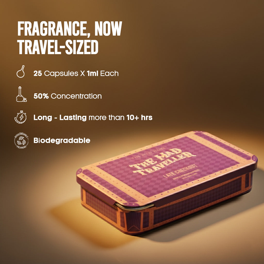 Travel-sized fragrance packaging with product details on a brown background